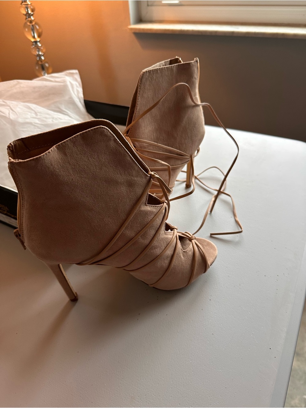 Nude Lace-Up Stiletto Booties - Women's Boots Heels